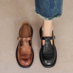 Kestrel | Mary Jane Shoes | Brogue T-Strap, Sheepskin | Brown & Black
