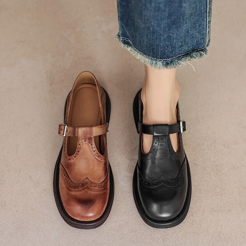 Kestrel | Mary Jane Shoes | Brogue T-Strap, Sheepskin | Brown & Black
