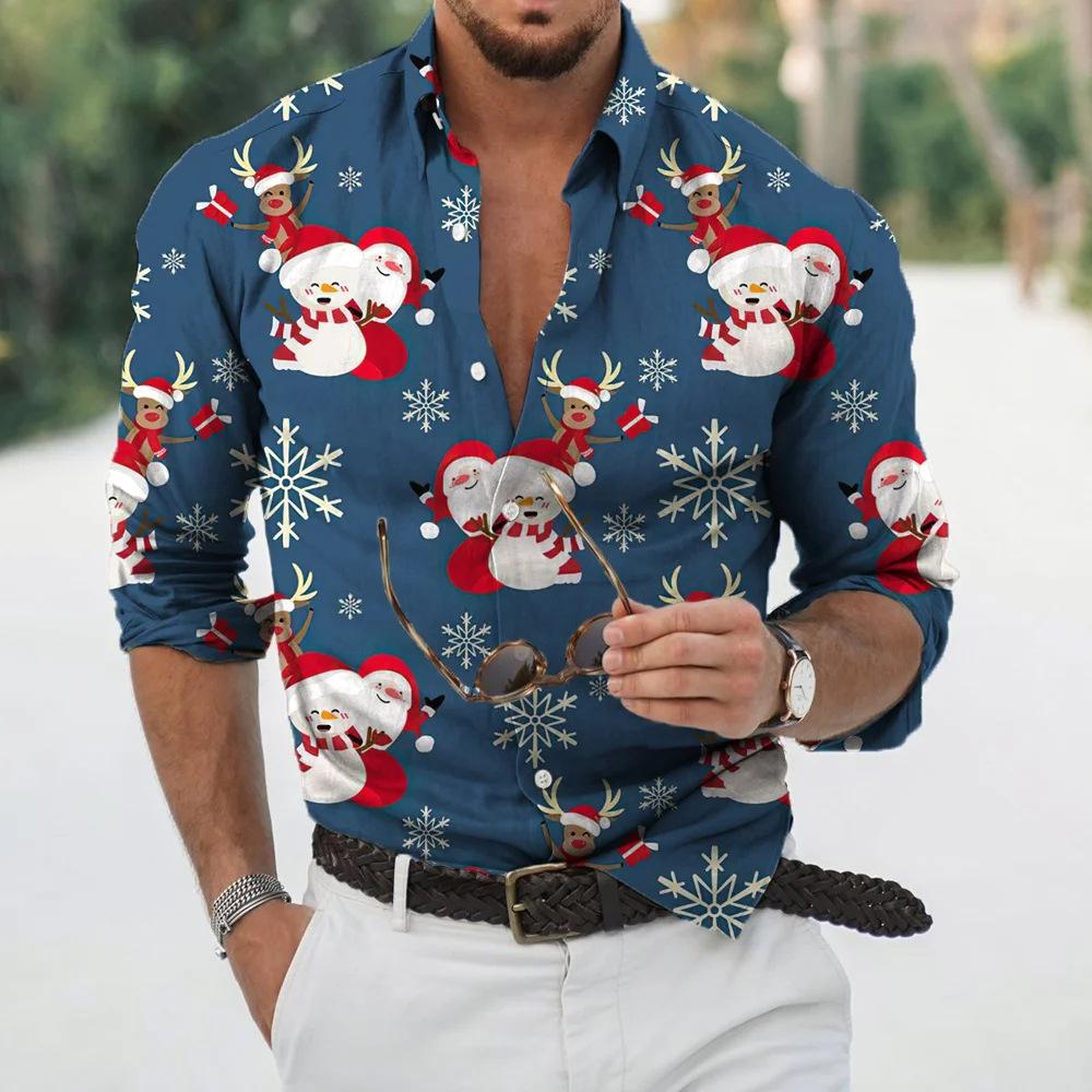 Christmas Shirt Men Long Sleeve Button Up Novelty Graphic Print