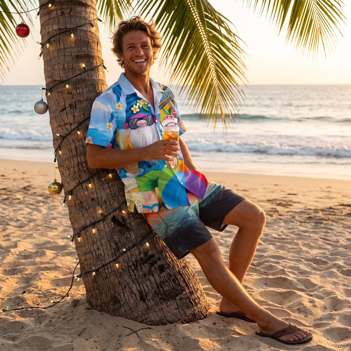 Mens Christmas Shirt Garden Gnome Print Short Sleeve Camp Collar