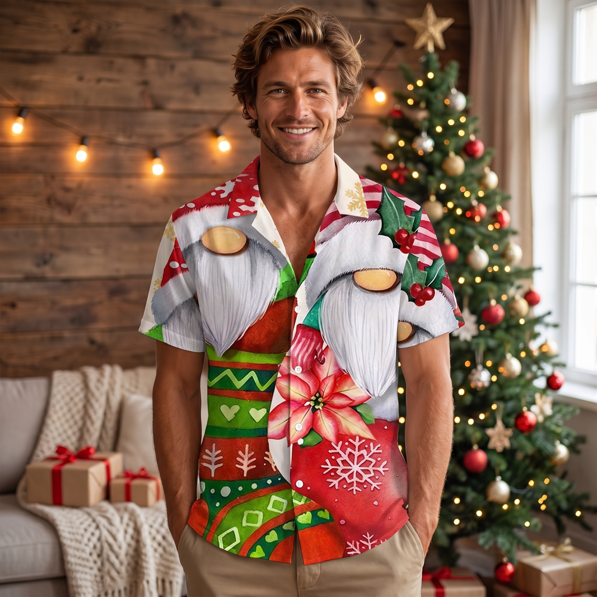 Mens Christmas Shirt Garden Gnome Print Short Sleeve Camp Collar