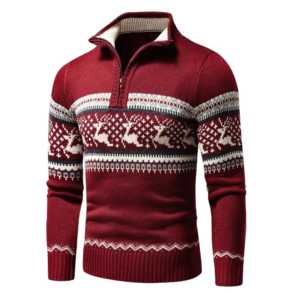 Christmas Sweater Men Knitted Fair Isle Reindeer Half Zip Winter