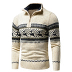 Christmas Sweater Men Knitted Fair Isle Reindeer Half Zip Winter