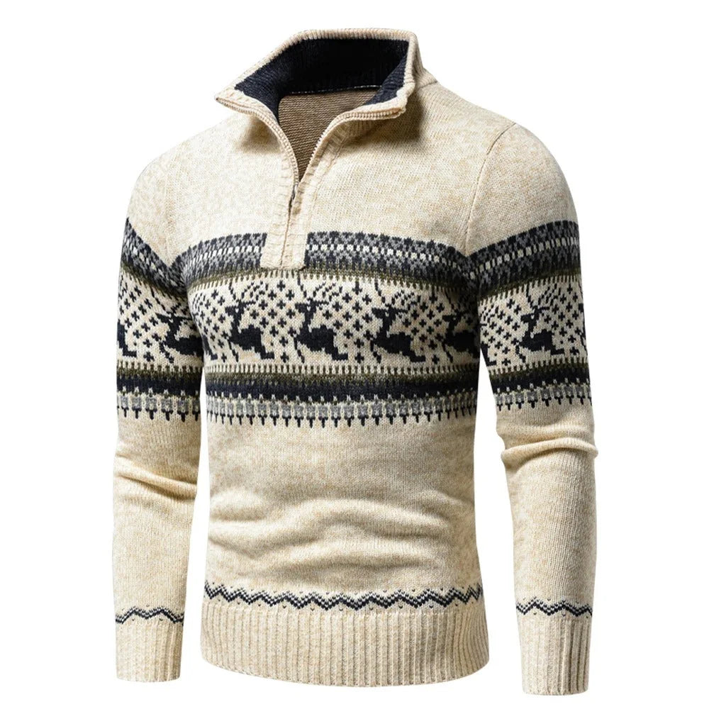 Christmas Sweater Men Knitted Fair Isle Reindeer Half Zip Winter