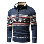 Christmas Sweater Men Knitted Fair Isle Reindeer Half Zip Winter