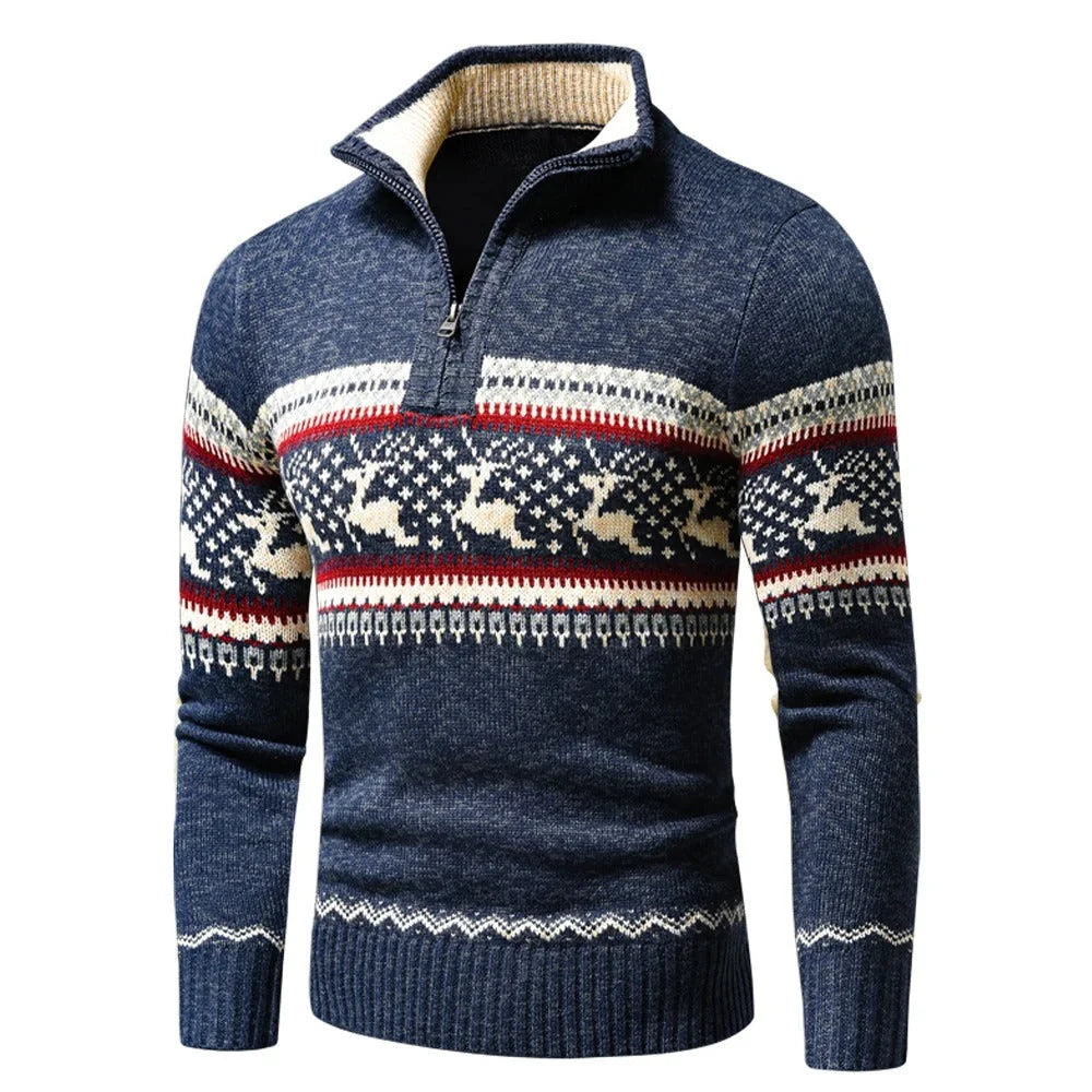 Christmas Sweater Men Knitted Fair Isle Reindeer Half Zip Winter
