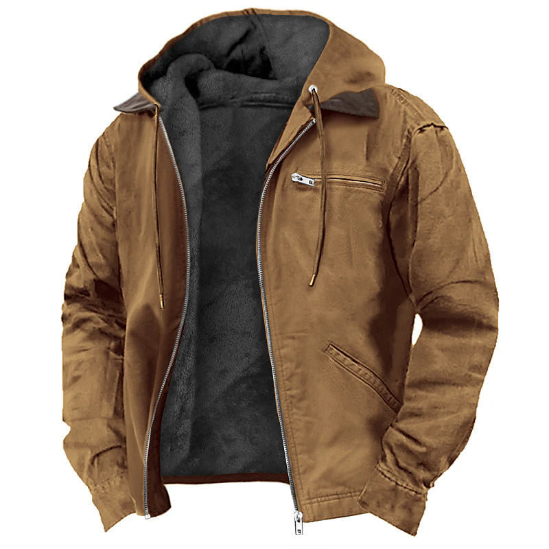Men Fleece Lined Canvas Hooded Jacket Zip Front