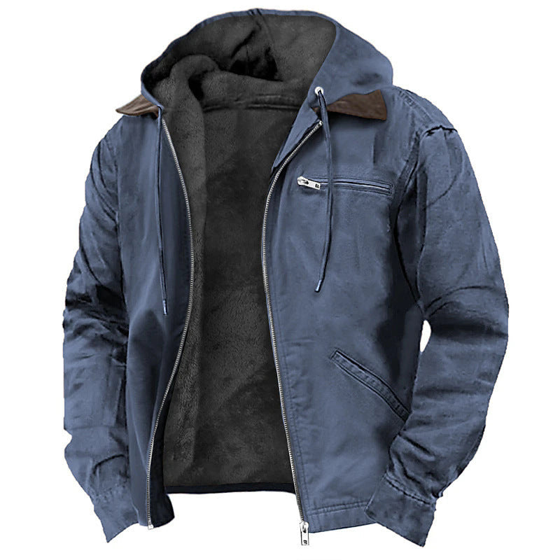 Men Fleece Lined Canvas Hooded Jacket Zip Front