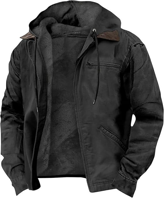 Men Fleece Lined Canvas Hooded Jacket Zip Front