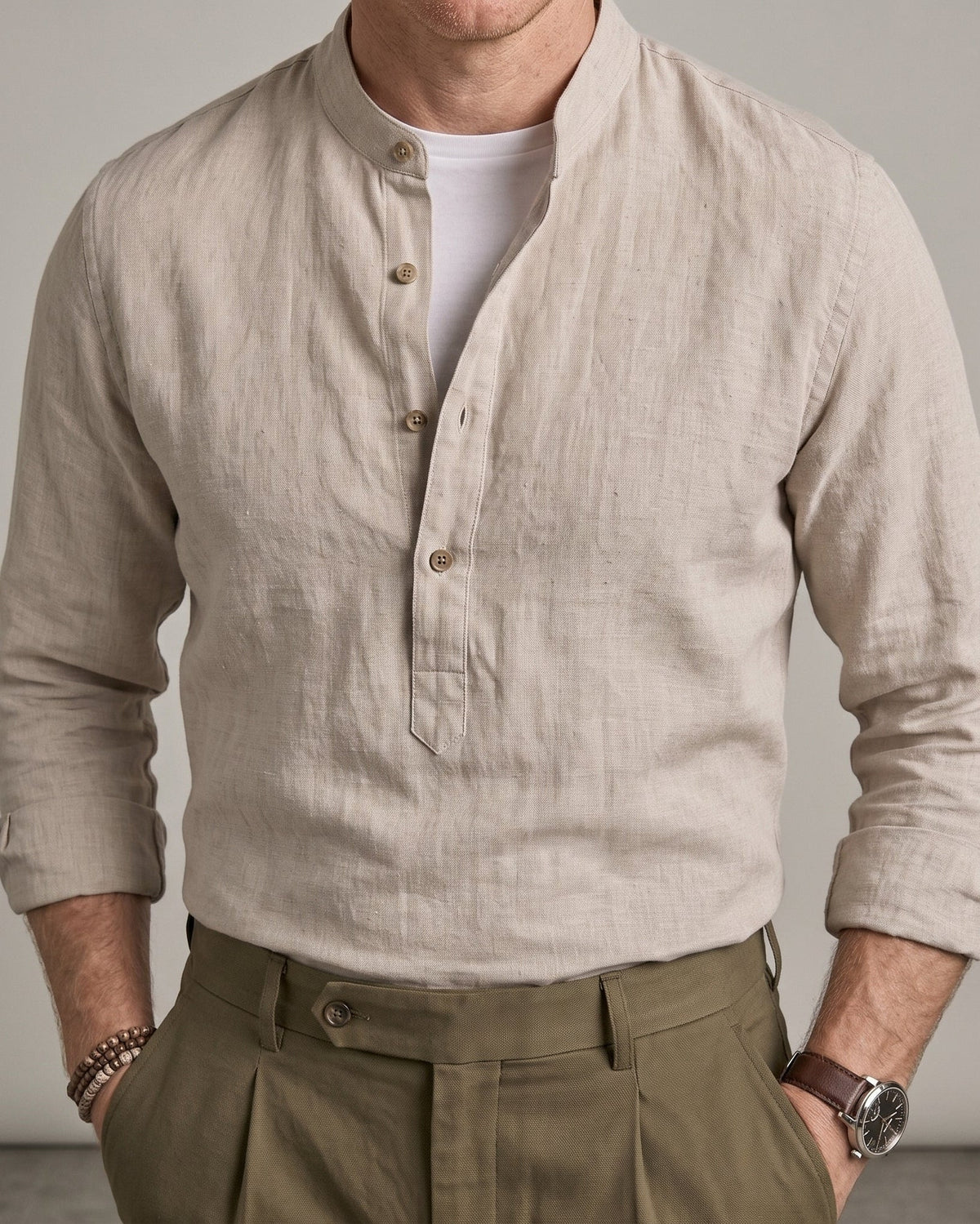 Men Linen Shirt Mandarin Collar Lightweight Breathable Casual
