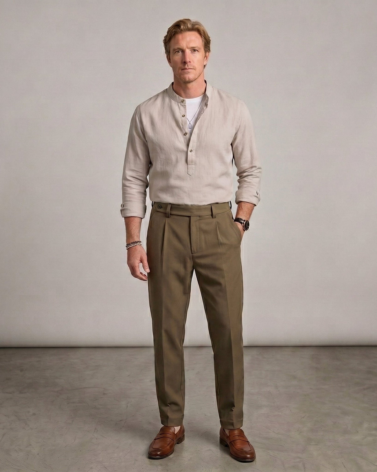 Men Linen Shirt Mandarin Collar Lightweight Breathable Casual
