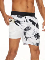 Mens Swim Shorts Tropical Print Mid Thigh Length Side Pockets