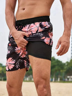 Mens Swim Shorts Tropical Print Mid Thigh Length Side Pockets