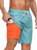 Mens Swim Shorts Tropical Print Mid Thigh Length Side Pockets