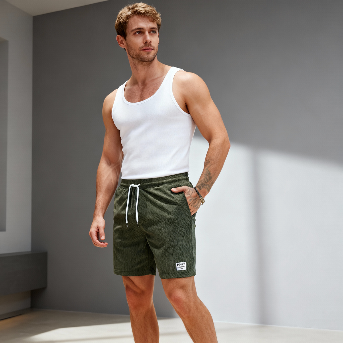 Mens Swim Shorts Straight Fit Elastic Drawstring Waist