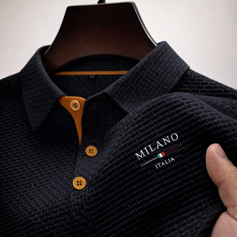 Men Polo Shirt Textured Contrast Button Placket Embroidered Detail