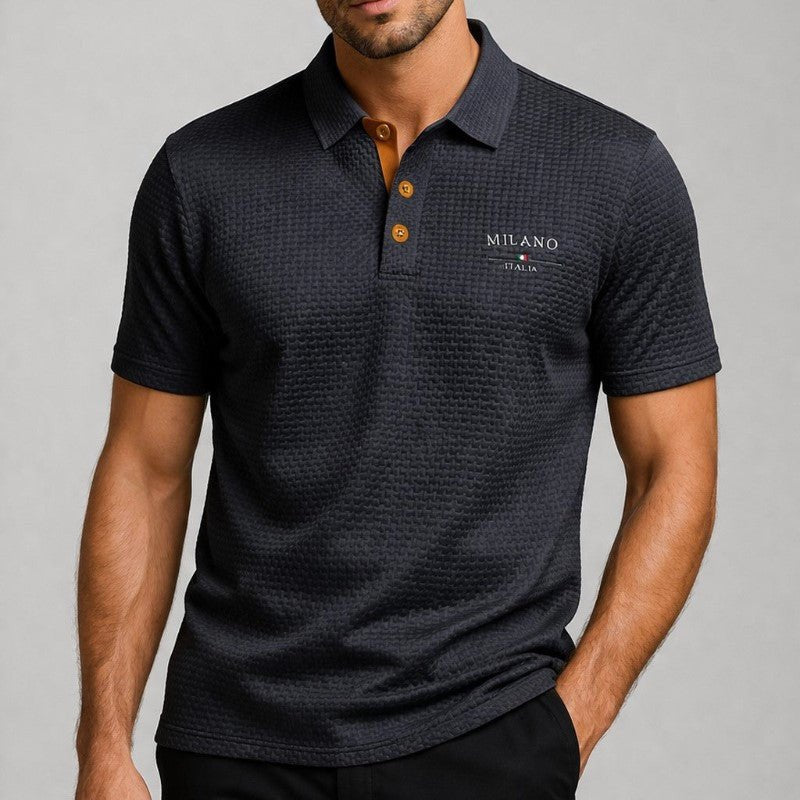 Men Polo Shirt Textured Contrast Button Placket Embroidered Detail