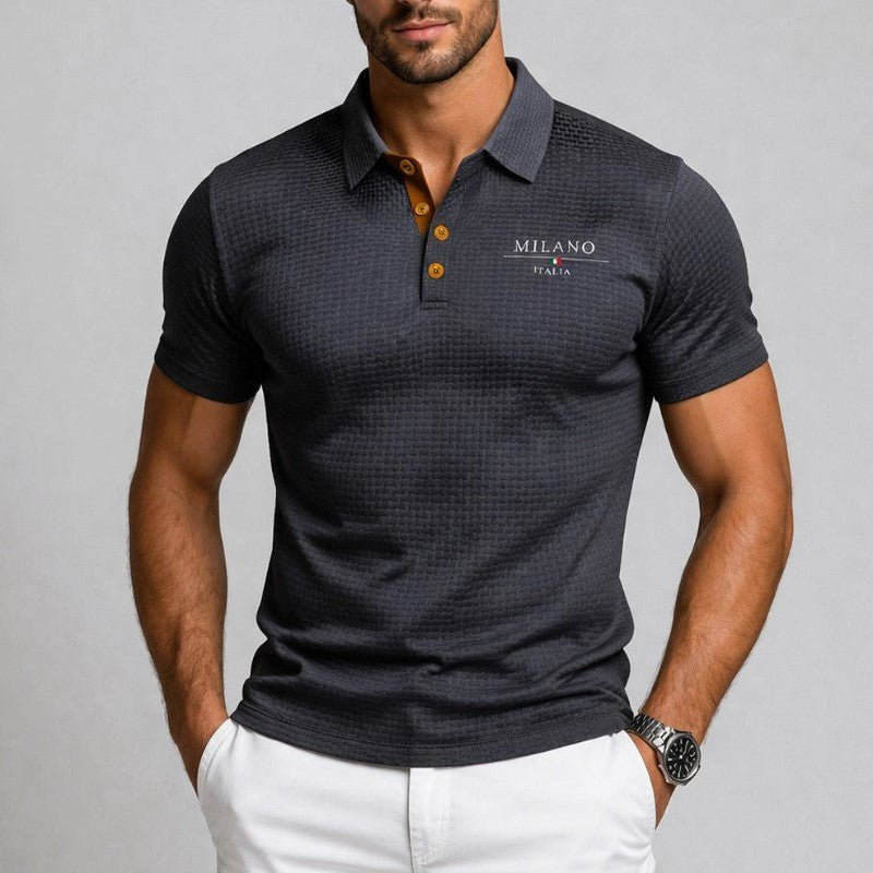 Men Polo Shirt Textured Contrast Button Placket Embroidered Detail