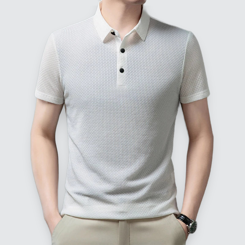 Men Polo Shirt Textured Knit Breathable Smart Casual Short Sleeve