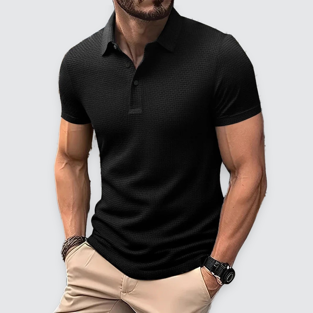 Men Polo Shirt Textured Knit Breathable Smart Casual Short Sleeve