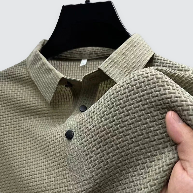 Men Polo Shirt Textured Knit Breathable Smart Casual Short Sleeve
