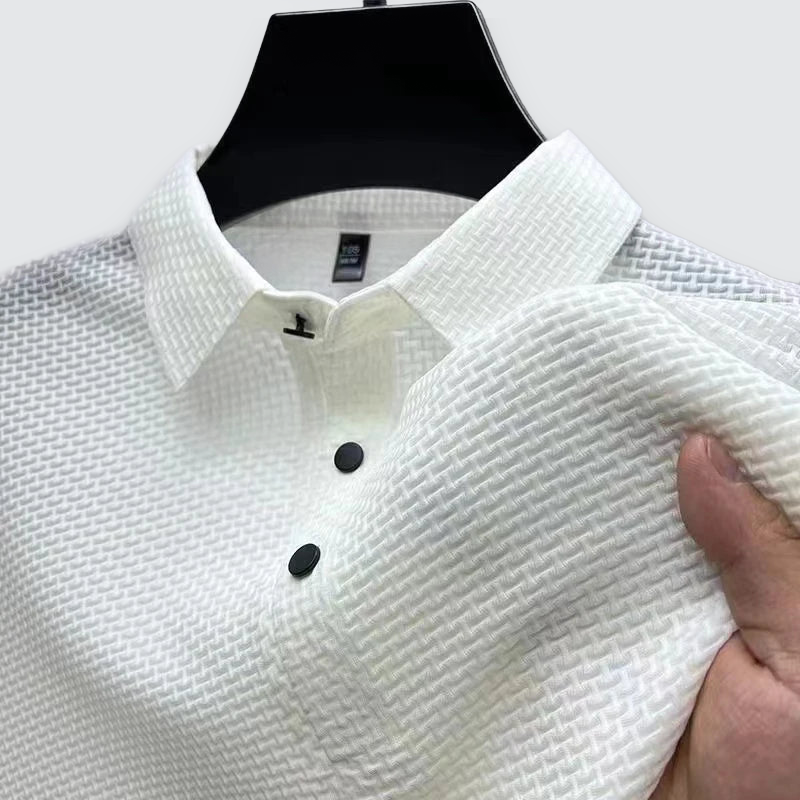 Men Polo Shirt Textured Knit Breathable Smart Casual Short Sleeve