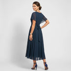 Midi Dress Women Plain Tulle Flowy A Line V Neck Flutter Sleeve