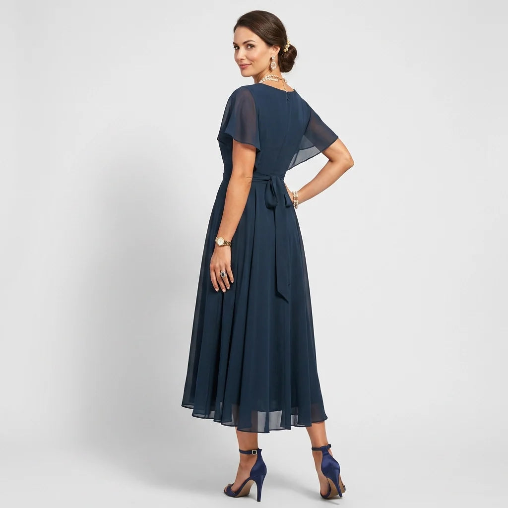 Midi Dress Women Plain Tulle Flowy A Line V Neck Flutter Sleeve