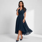 Midi Dress Women Plain Tulle Flowy A Line V Neck Flutter Sleeve