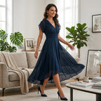 Midi Dress Women Plain Tulle Flowy A Line V Neck Flutter Sleeve