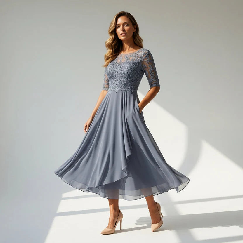 Cocktail Dress Women Midi Length Layered Tulle Lace Sheer Sleeve