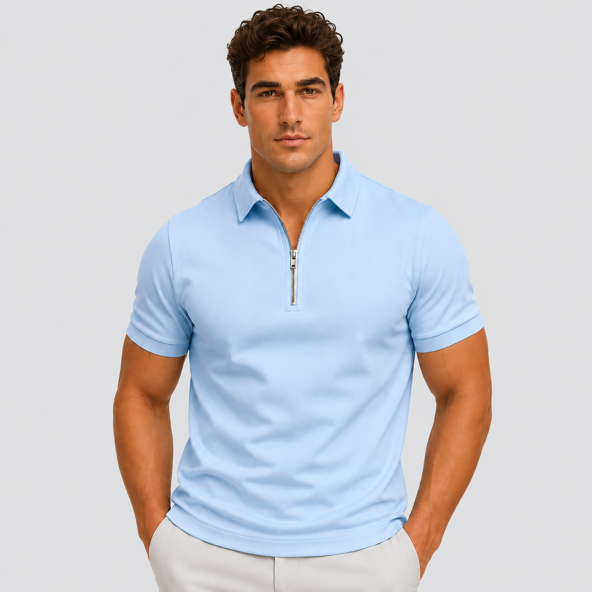 Polo Shirt Men Slim Fit Zip Neck Short Sleeve Breathable Lightweight