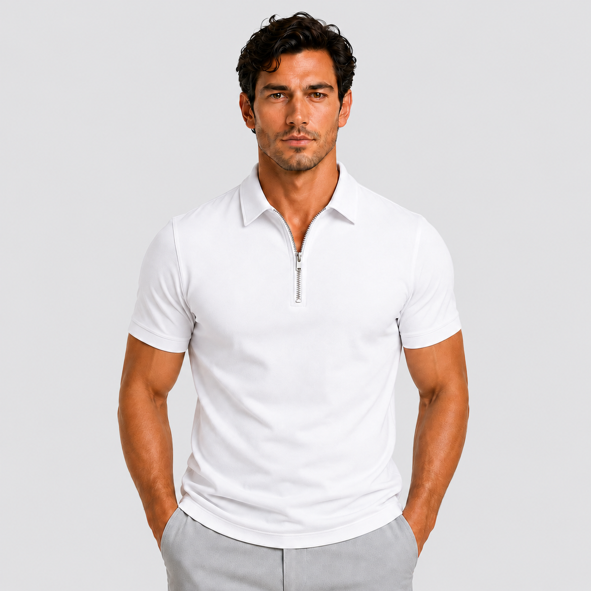 Polo Shirt Men Slim Fit Zip Neck Short Sleeve Breathable Lightweight