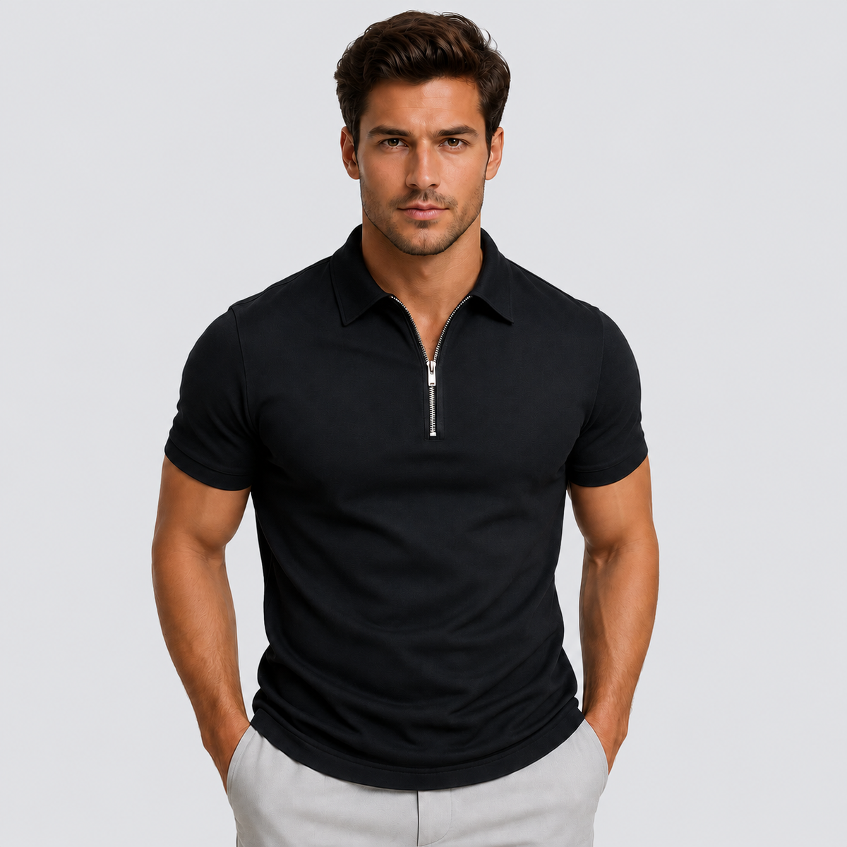 Polo Shirt Men Slim Fit Zip Neck Short Sleeve Breathable Lightweight