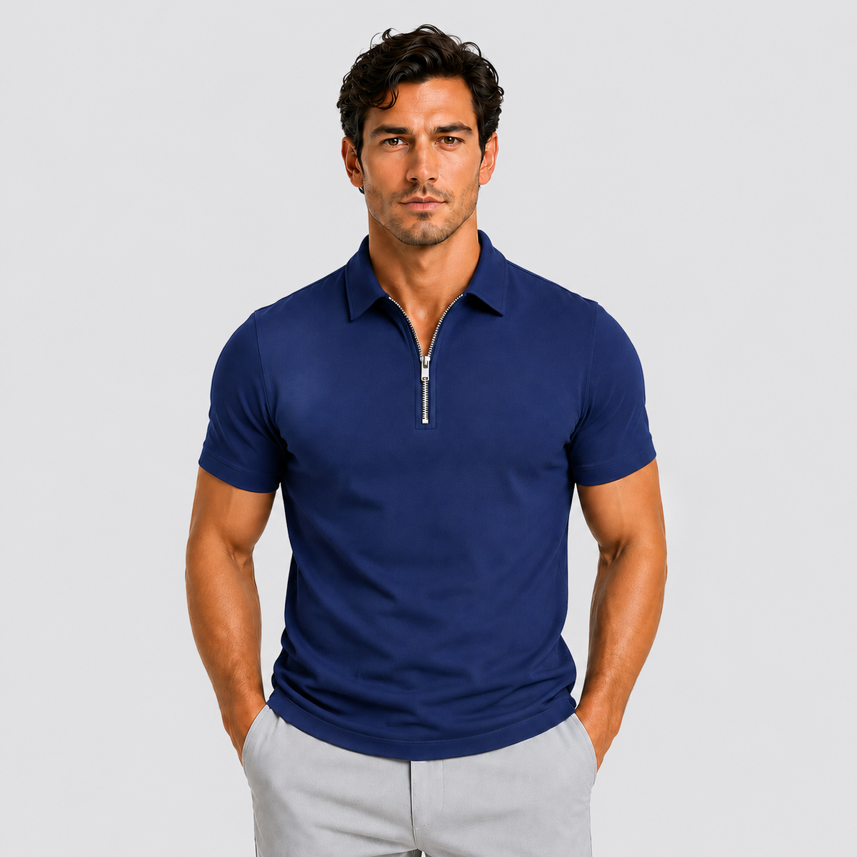 Polo Shirt Men Slim Fit Zip Neck Short Sleeve Breathable Lightweight