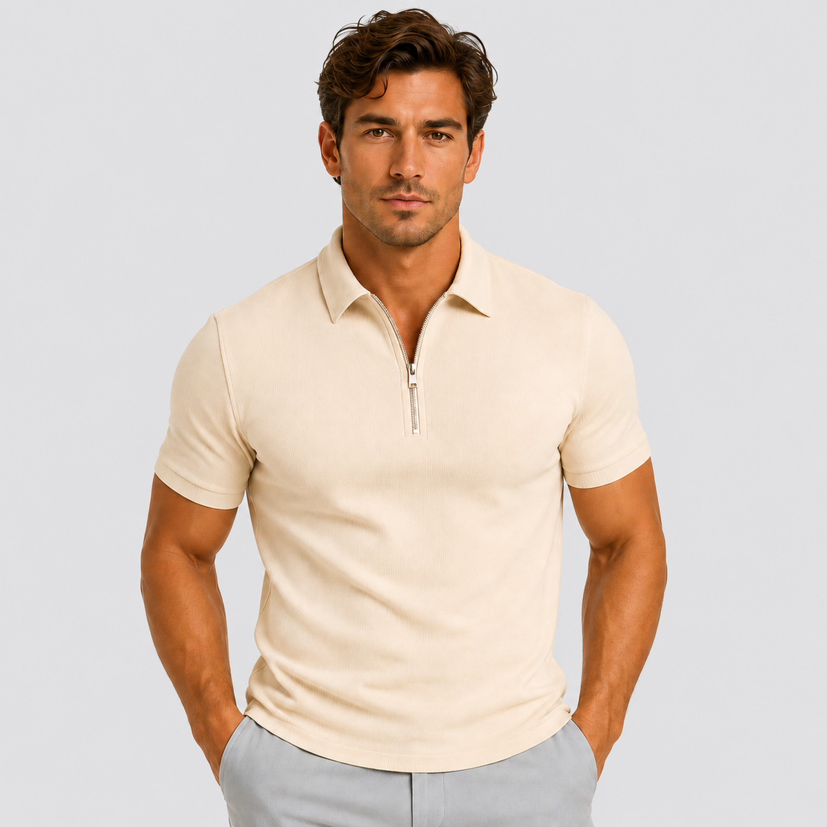 Polo Shirt Men Slim Fit Zip Neck Short Sleeve Breathable Lightweight