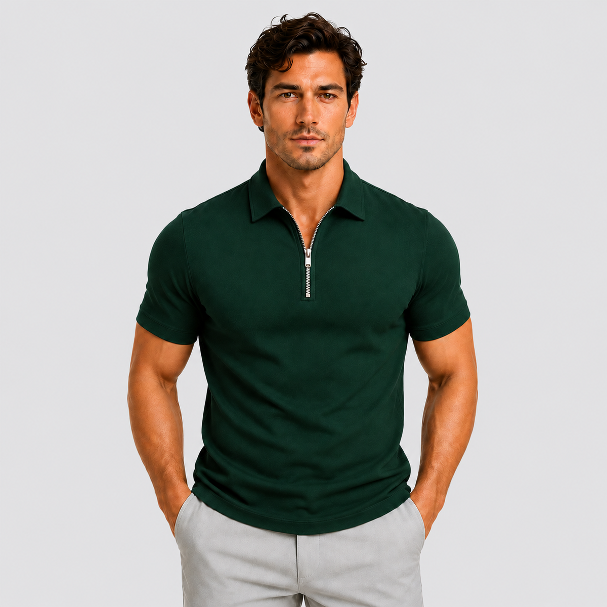 Polo Shirt Men Slim Fit Zip Neck Short Sleeve Breathable Lightweight