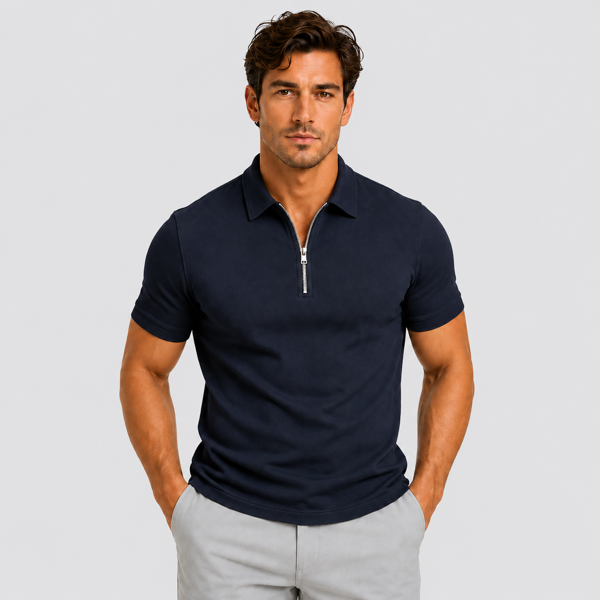 Polo Shirt Men Slim Fit Zip Neck Short Sleeve Breathable Lightweight