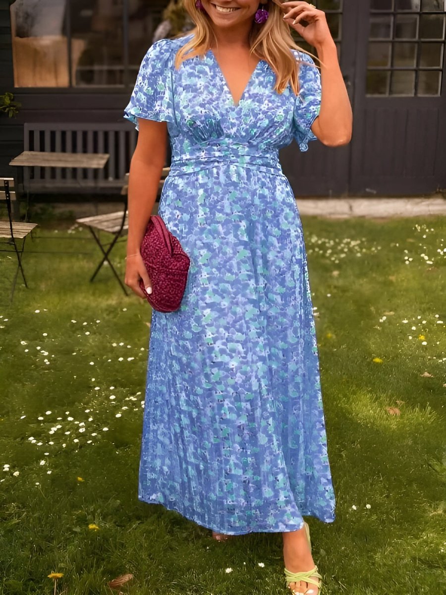 Solveig | Women's Floral Maxi Dress | Short Flutter Sleeves, V-Neck