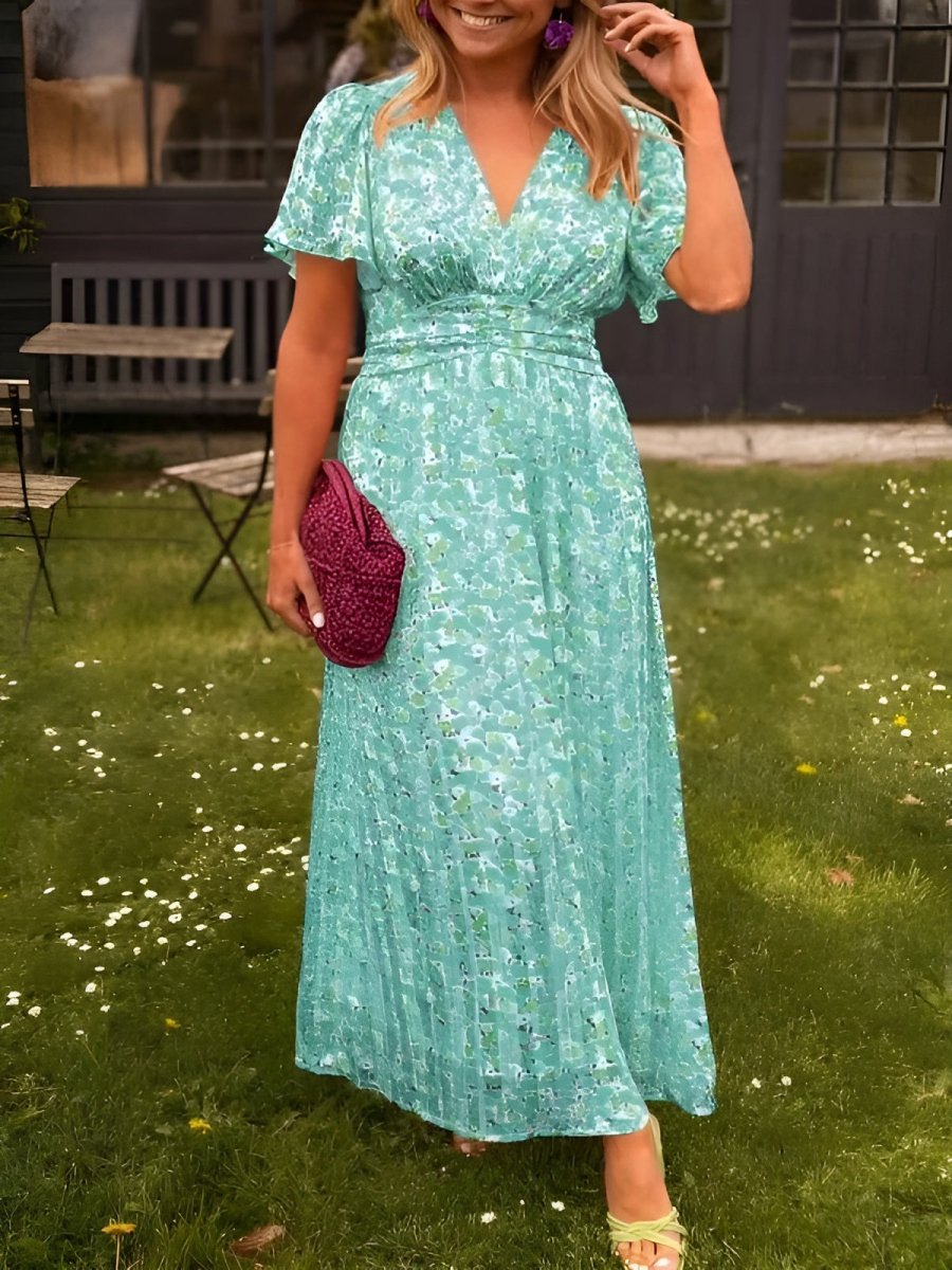 Solveig | Women's Floral Maxi Dress | Short Flutter Sleeves, V-Neck