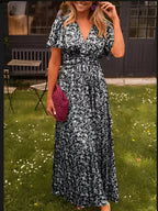 Solveig | Women's Floral Maxi Dress | Short Flutter Sleeves, V-Neck