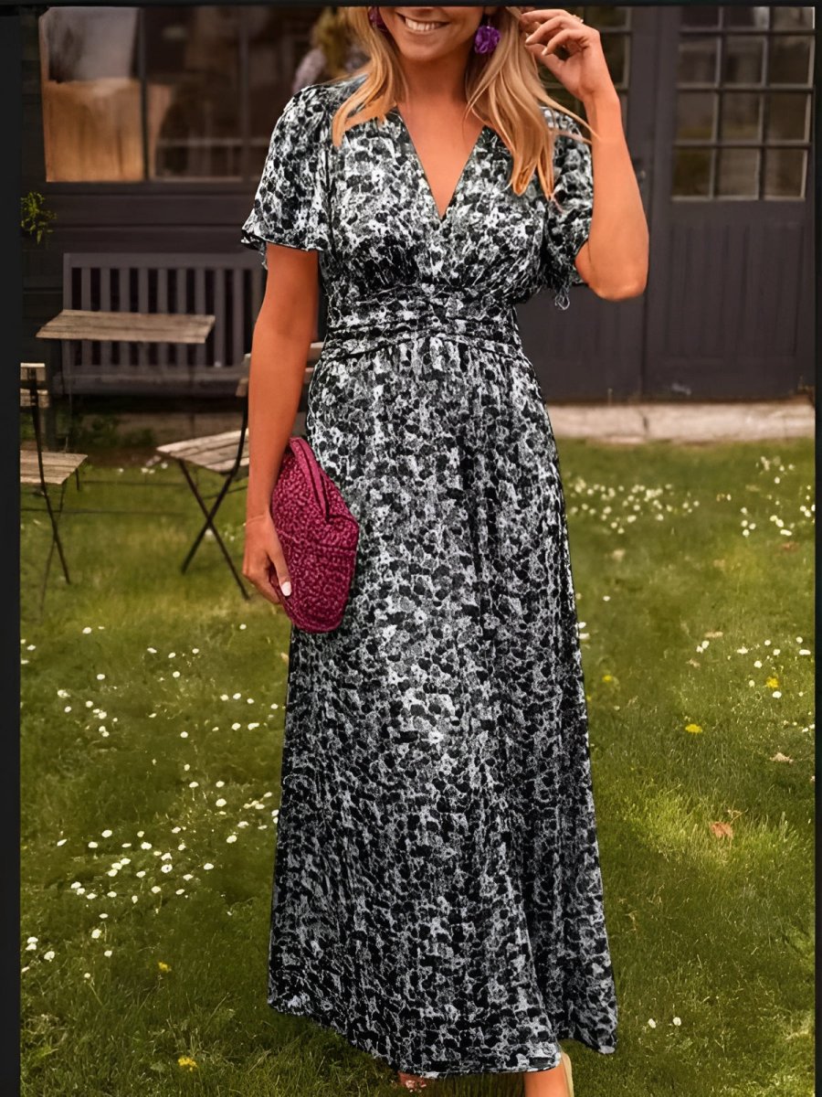 Solveig | Women's Floral Maxi Dress | Short Flutter Sleeves, V-Neck