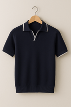 Men Polo Shirt Fine Knit Short Sleeve Slim Fit Contrast Trim