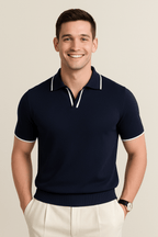 Men Polo Shirt Fine Knit Short Sleeve Slim Fit Contrast Trim