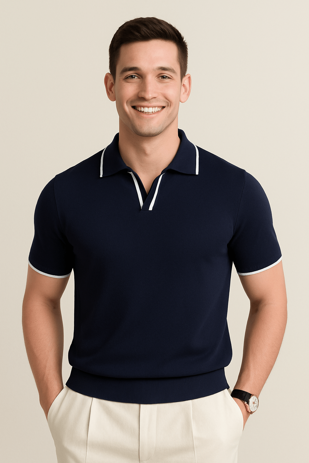 Men Polo Shirt Fine Knit Short Sleeve Slim Fit Contrast Trim