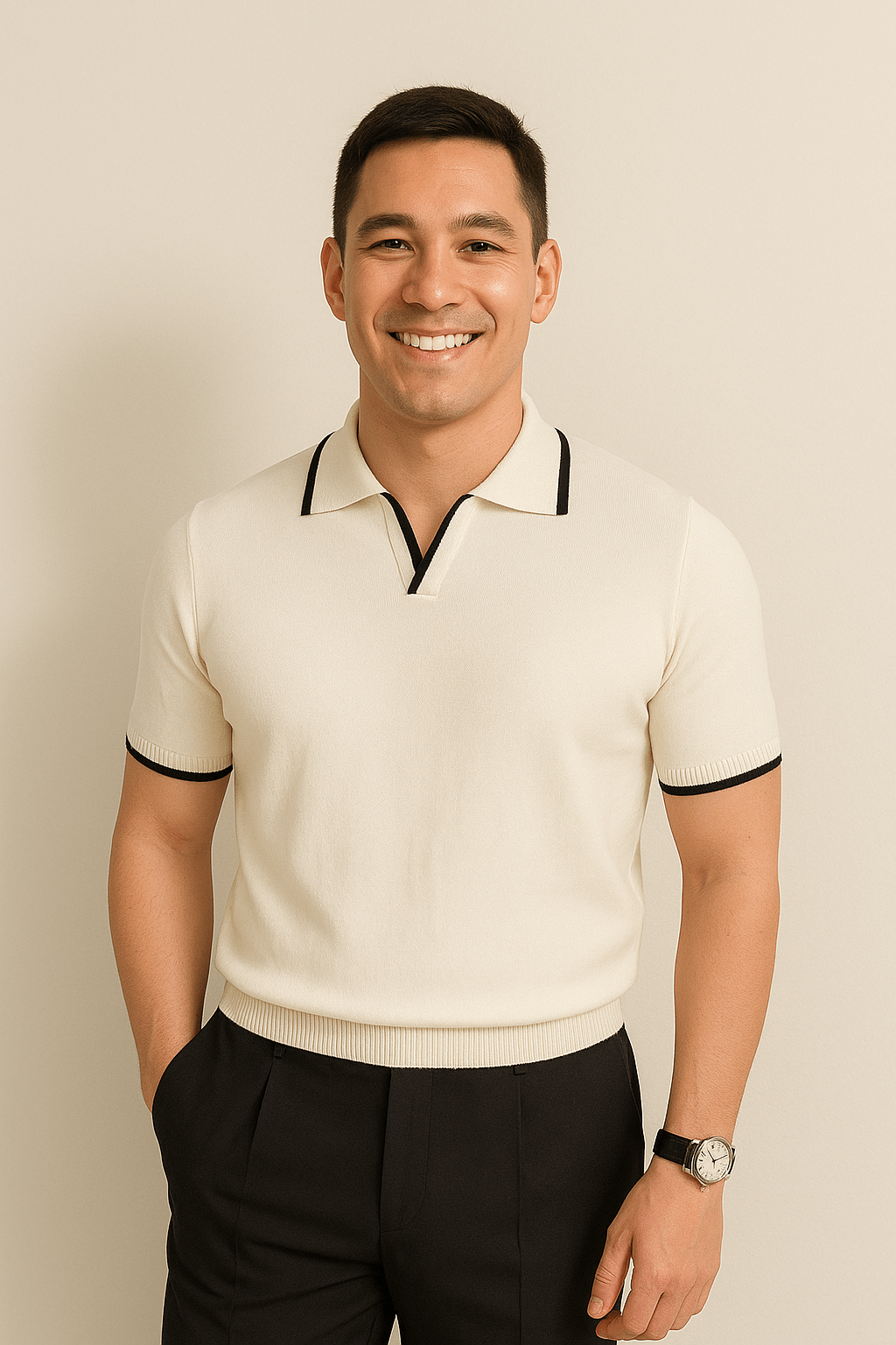 Men Polo Shirt Fine Knit Short Sleeve Slim Fit Contrast Trim