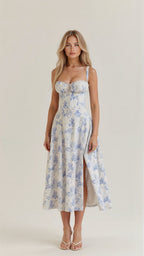 Midi dress women corset bodice flowy skirt slim fit