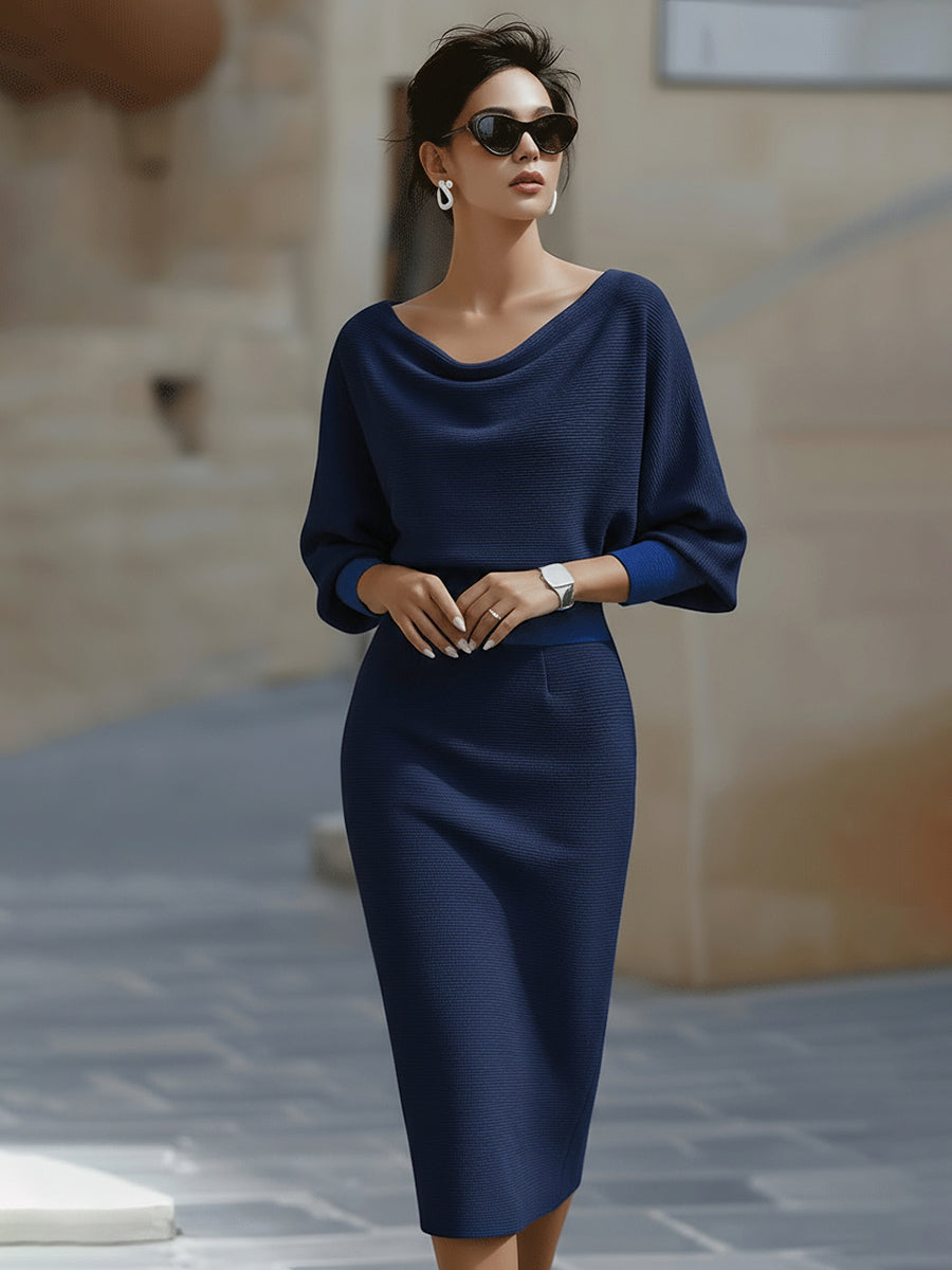 Midi Dress Womens Batwing Sleeve Crew Neck Casual Flowy Silhouette