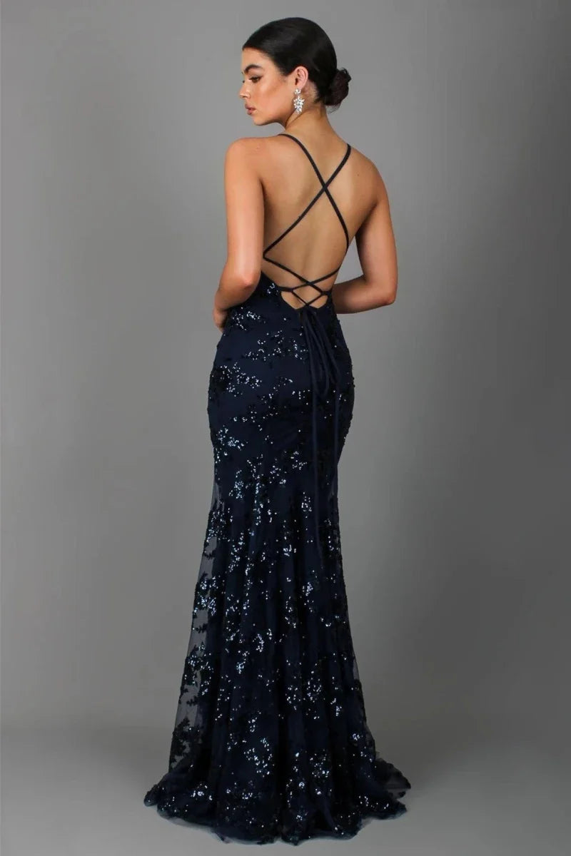 Sequin Dress Women Floor Length Maxi Evening Gown Spaghetti Strap