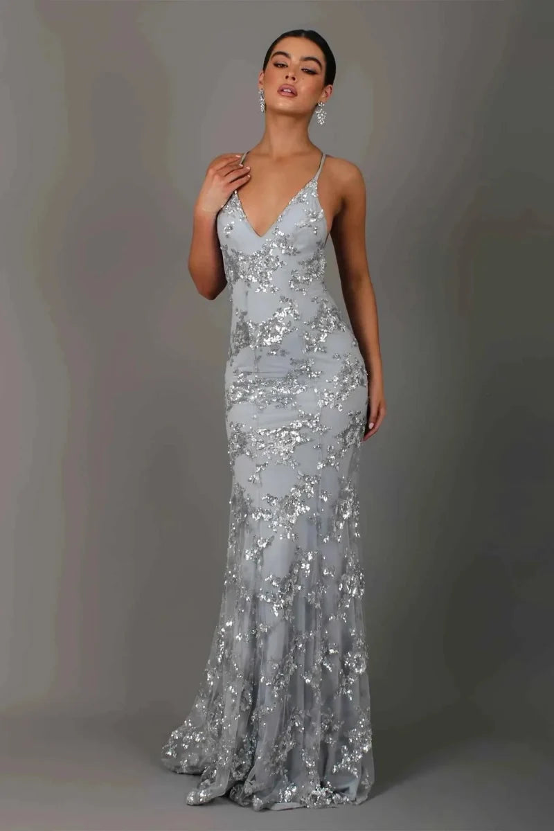 Sequin Dress Women Floor Length Maxi Evening Gown Spaghetti Strap